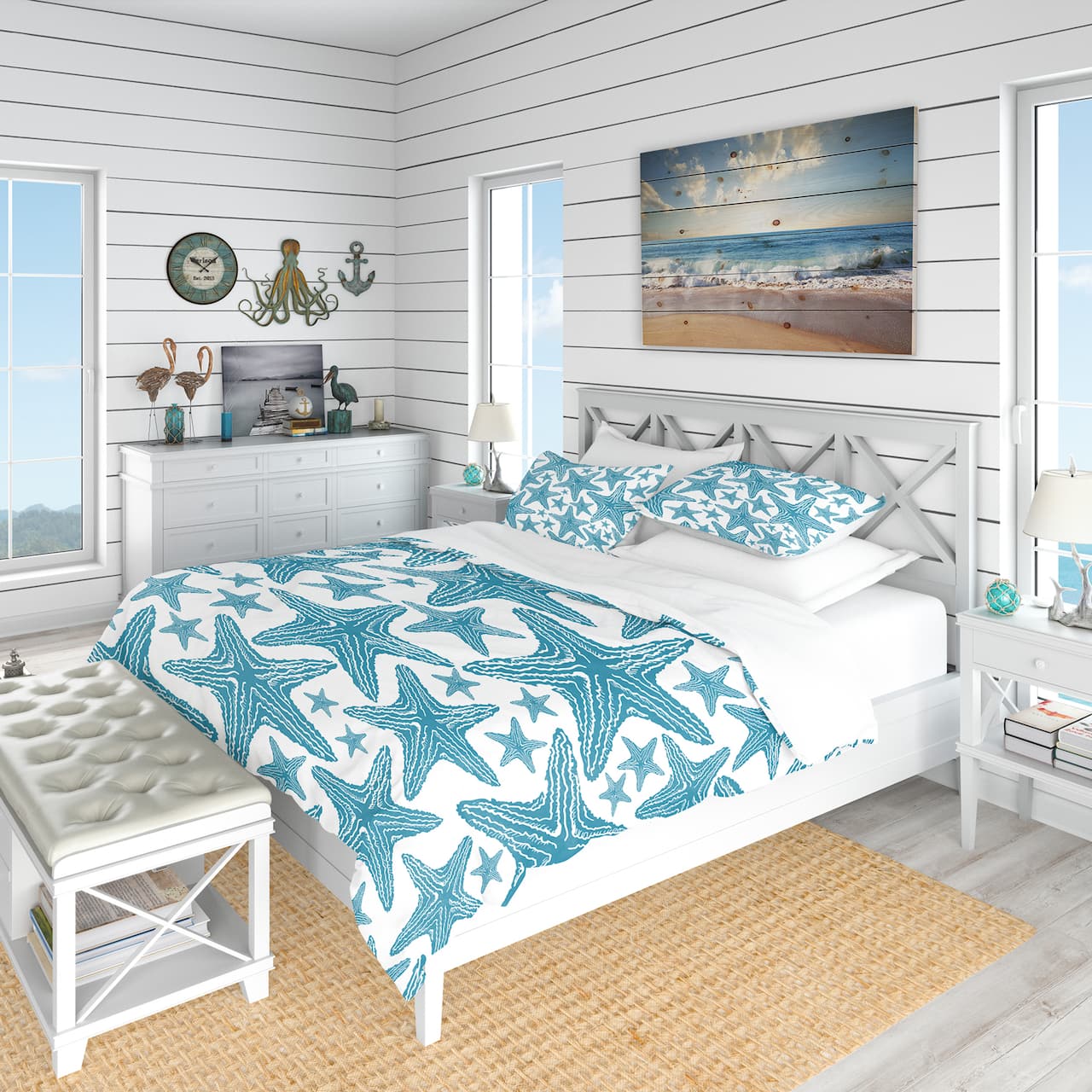 Designart 'Pattern of Blue Starfish' Coastal Bedding Set - Duvet Cover & Shams